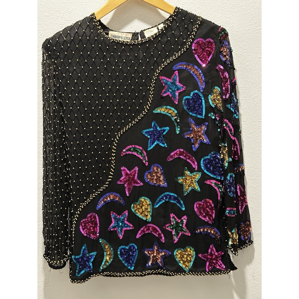 Vintage 80s Champelyse 100% Silk Beaded Sequin Blouse L Glam Art‎ Top Statement
